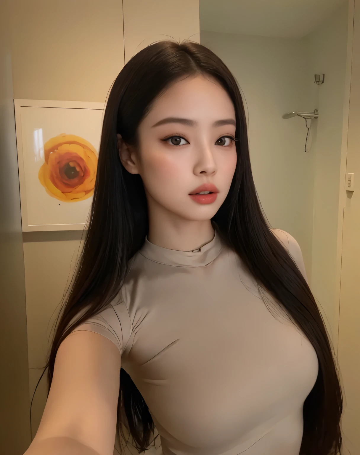 um close de uma mulher com um top bege posando para uma foto, beautiful chinese model, Fotografia selfie 8k, 2 modelo feminino de 4 anos, dilraba dilmurat, linda jovem coreana,  de 19 anos, beautiful asian girl, linda mulher sul-coreana, garota cara fofa, pale round face, rosto e corpo perfeitos