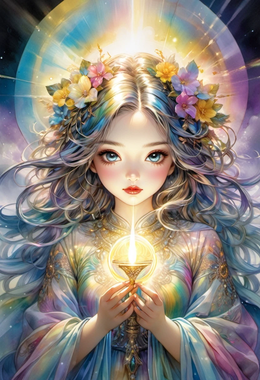 An awe-inspiring watercolor and ink masterpiece inspiring by Jasmine Becket-Griffith, featuring an enchanting, ethereal charming woman radiating celestial energy and holding a radiant light in her hands. Extraordinarily well detailed, serene and caring face. The artwork is alive with pastel hues, rainbow colors, and a double exposure effect, creating a mesmerizing interplay of light and shadow. Golden rays emanate from the central radiant light, casting a soft glow and a mysterious aura around the subject. Drawing inspiration from the styles of Yoji Shinkawa and Greg Rutkowski, this piece showcases delicate brushstrokes, vivid light effects, and an intricate interplay of dark fantasy elements. The HDR 8K, SSAO, and high-definition rendering enhance the vibrant colors and intricate details, making this illustration truly out of this world, fashionable, and immersive.