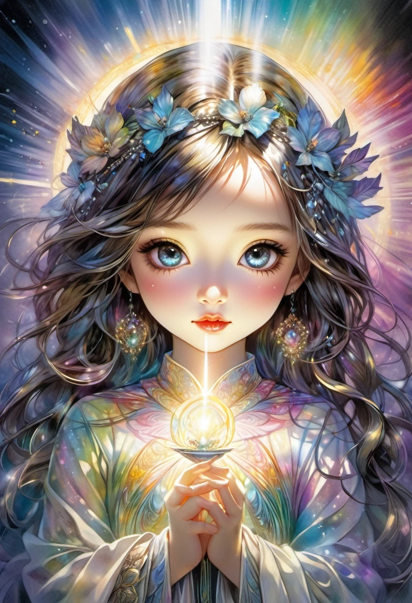 An awe-inspiring watercolor and ink masterpiece inspiring by Jasmine Becket-Griffith, featuring an enchanting, ethereal charming woman radiating celestial energy and holding a radiant light in her hands. Extraordinarily well detailed, serene and caring face. The artwork is alive with pastel hues, rainbow colors, and a double exposure effect, creating a mesmerizing interplay of light and shadow. Golden rays emanate from the central radiant light, casting a soft glow and a mysterious aura around the subject. Drawing inspiration from the styles of Yoji Shinkawa and Greg Rutkowski, this piece showcases delicate brushstrokes, vivid light effects, and an intricate interplay of dark fantasy elements. The HDR 8K, SSAO, and high-definition rendering enhance the vibrant colors and intricate details, making this illustration truly out of this world, fashionable, and immersive.