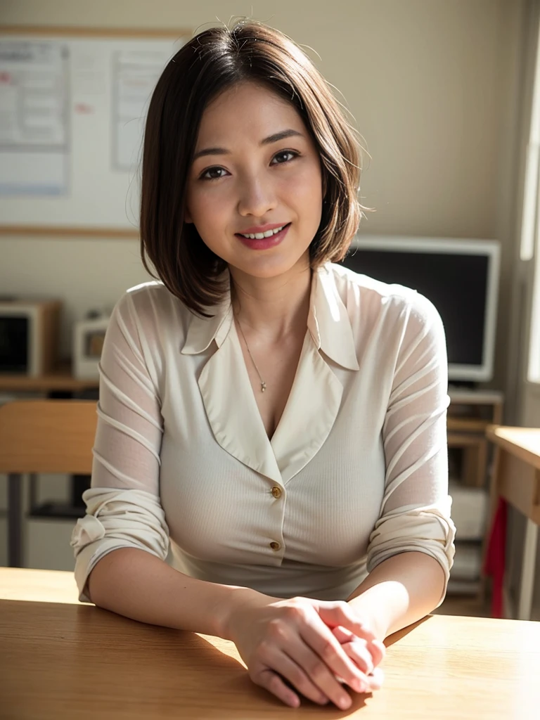 (A MILF:1.2), Sit on the bed, Put your hands on your head, short-hair, (huge-breasted:1.4), (pencil skirts:1.2), (tight lace blouse:1.2), (Smile:1.0), (pantyhose:1.0)