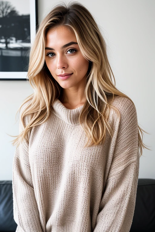 photorealistic, best quality, hyper detailed, beautiful woman with natural blonde hair, selfie photo, full-body front view, solo, wearing cozy super sexy Minimalist knitwear, indoors, (evening), skin texture with perky 30G and perfect medium bubblebutt visible under clothing, film grain, close up, ultra high res, best shadow, RAW, instagram LUT, satisfied sensual look, facing frontal , various shot angle