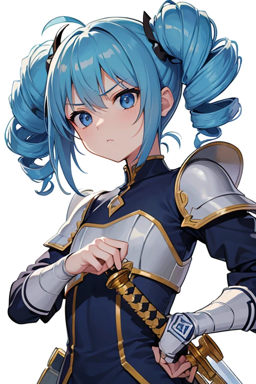 最high quality,very detailed,high quality,very detailed,masterpiece,super fine,ultra high resolution,超high quality,super delicate face,surreal,(1 person:1.2)、woman、(:1.5)、sky blue hair color、(Cute sky blue eyes)、(short:1.3)、flat chest 、 body shape、(twin drill hair:1.2)、serious face、Anime character with sword and armor、(holding a sword:1.2)、adventurer　(whole body:1.3)、(white background:1.5)