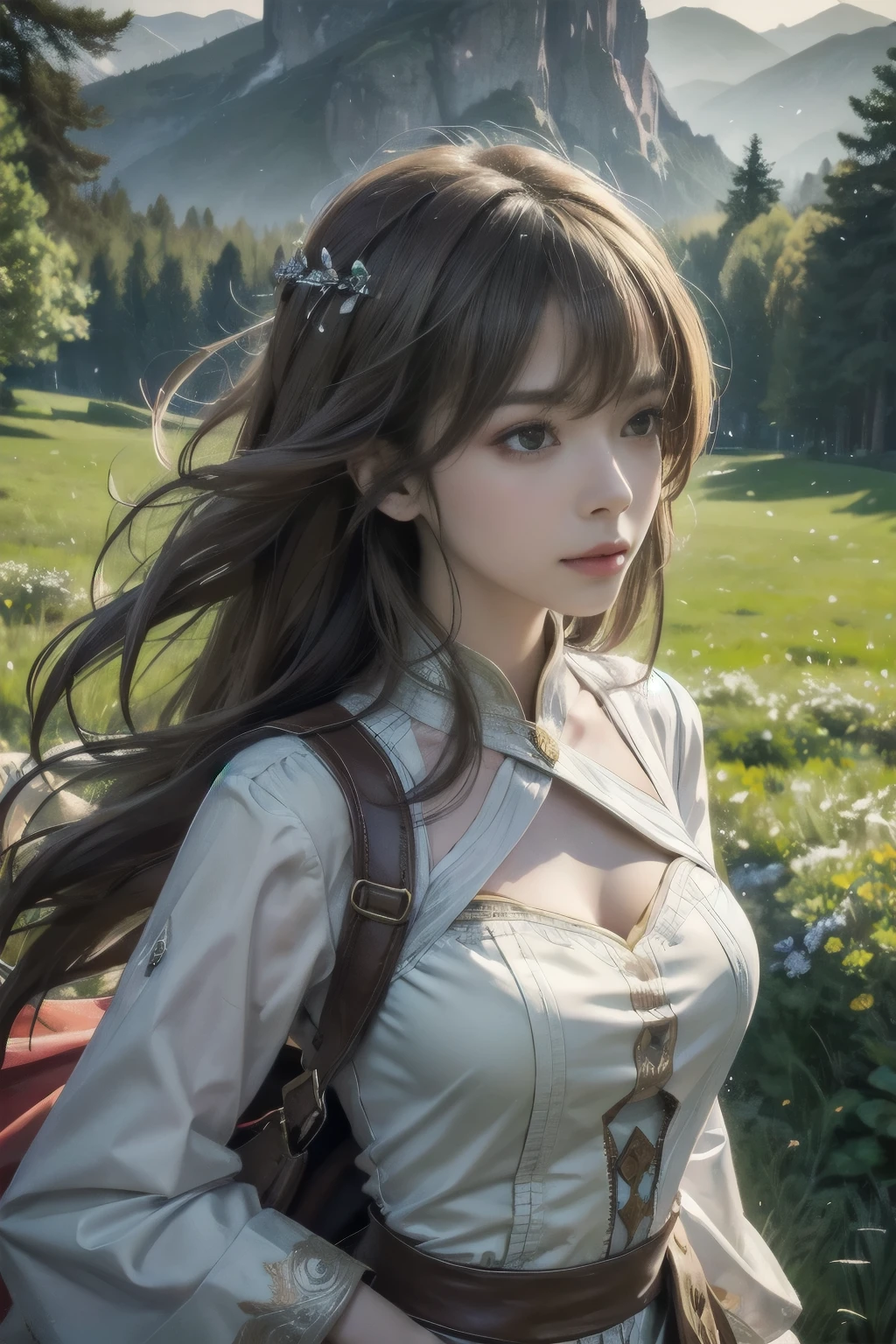 In a green meadow is a girl who leads a group of knights. BREAK With a brave expression, guides them to their destination. BREAK Behind her, A green forest extends and beyond that, Mountains rise in the distance. BREAK The most suitable effect for this scene would be a watercolor painting technique to capture the softness of the meadow and the fluidity of movement.. ,((detailed)), ((high quality)),((well structured)),((anatomically correct)),((good composition)), ((good perspective)),((masterpiece)), ( ( detailed outline)),((extremely detailed)),((digital art)), digital illustration, ((well-proportioned bodies)), high resolution, high definition, full definition, full resolution, detailed face, 4k,HD, Sharp,perfect,depth,with depth,sharp focus,Depth of field