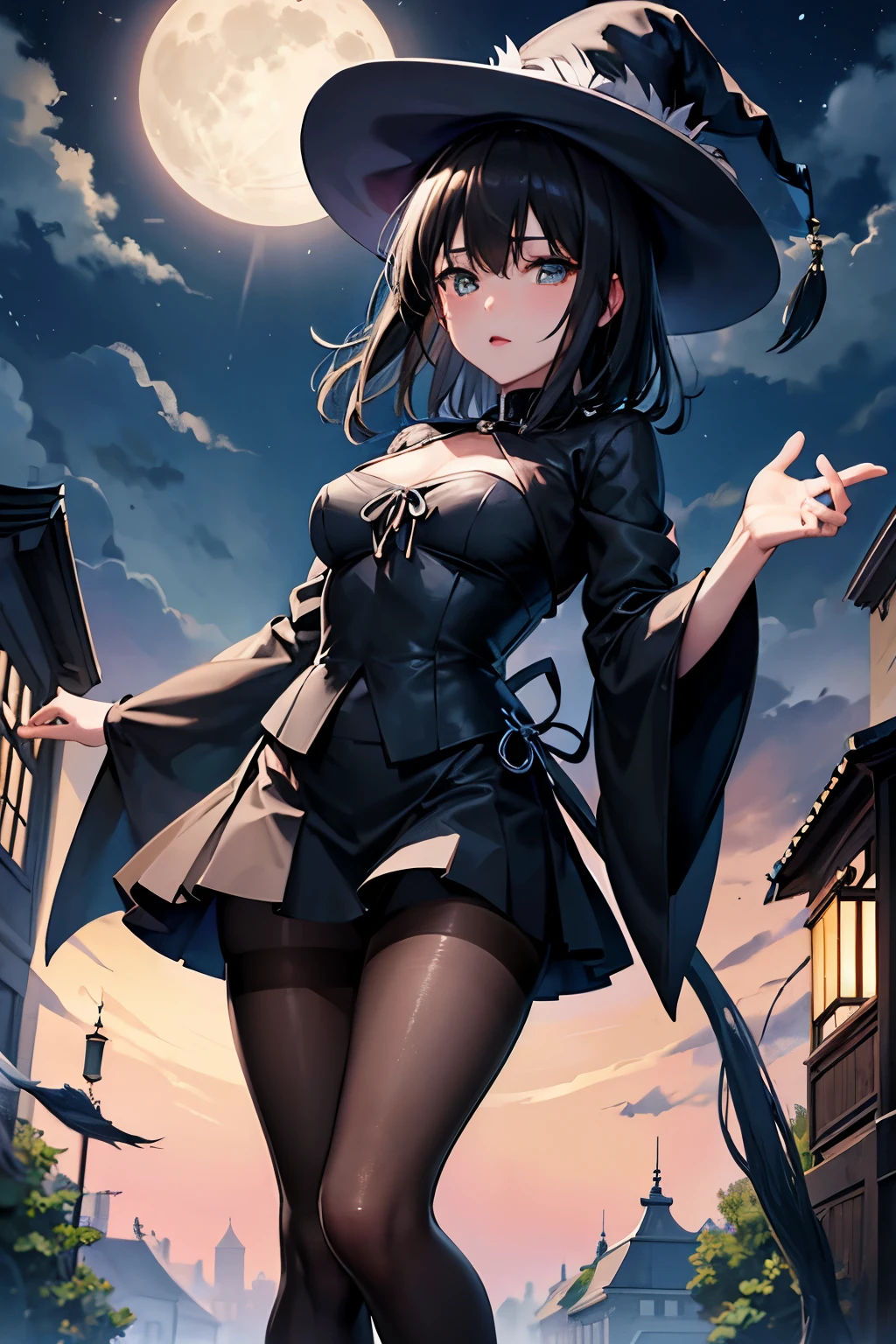 Fubuki, witch's clothes,pantyhose、Photo from below、full moon、medium chest、bootini skirt
