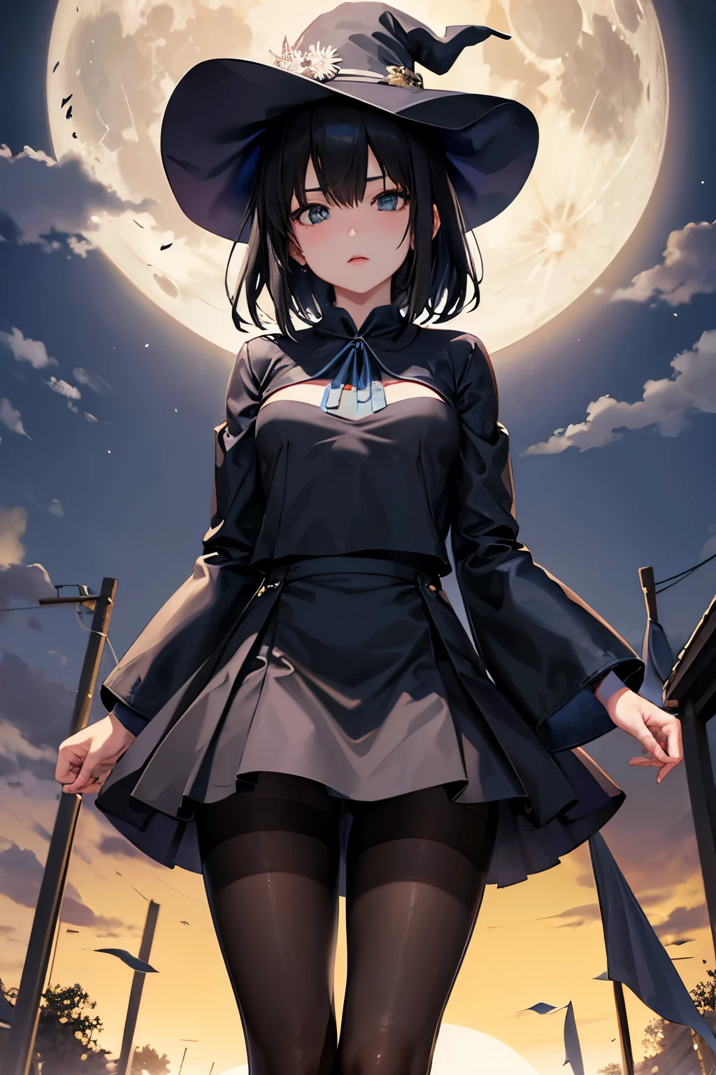 Fubuki, witch&#39;s clothes,pantyhose、Photo from below、full moon、medium chest、bootini skirt