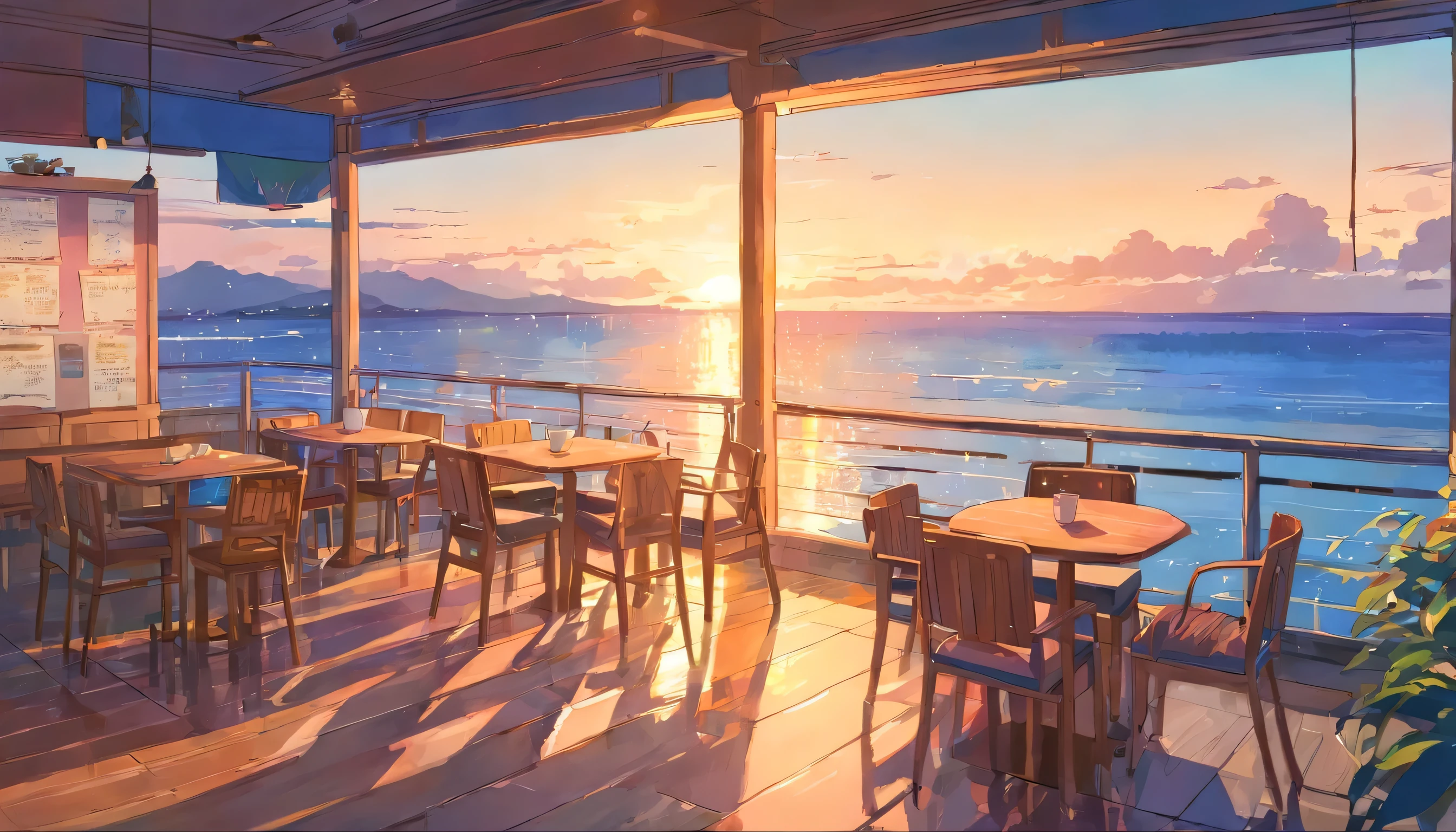 Back view of a European girl with medium long hair、Enjoy a coffee at a café,Watching the beautiful sunrise over the sea from the terrace.1 cup, Rear view of a person leaning on his elbows and looking at the sea,dream, please wear headphones, analog color theme, lo-fi hip hop , retrospective, flat, 2.5D ,Draw a line, ink painting, Osaka road, watercolor painting, gouache color, very colorful, outerton, Krautlock, Lofiato,old texture, amplitude,Psychedelic atmosphere, masterpiece, Technology of Wonders,Darken the room,Beautiful early morning seaside