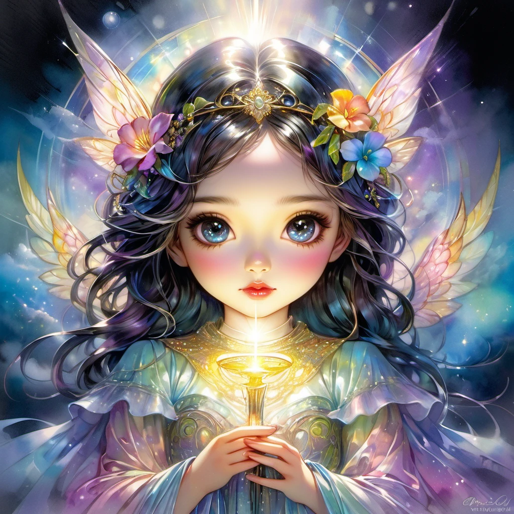 An awe-inspiring watercolor and ink masterpiece inspiring by Jasmine Becket-Griffith, featuring an enchanting, ethereal charming woman radiating celestial energy and holding a radiant light in her hands. Extraordinarily well detailed, serene and caring face. The artwork is alive with pastel hues, rainbow colors, and a double exposure effect, creating a mesmerizing interplay of light and shadow. Golden rays emanate from the central radiant light, casting a soft glow and a mysterious aura around the subject. Drawing inspiration from the styles of Yoji Shinkawa and Greg Rutkowski, this piece showcases delicate brushstrokes, vivid light effects, and an intricate interplay of dark fantasy elements. The HDR 8K, SSAO, and high-definition rendering enhance the vibrant colors and intricate details, making this illustration truly out of this world, fashionable, and immersive.