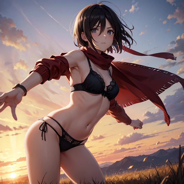 mikasa1 a woman, looking at the viewer, cowboy shot, at the streets, beautiful face, standing on the grassland, sunset , 20 years age, athletic figure, wearing small ripped pantie and bra, hands behind the head, armpits, attack on titan style environment, unreal engine 5 style, uhd images, ultra HD, High Resolution, Highres, thick figure, short hair , tied ,on her knees