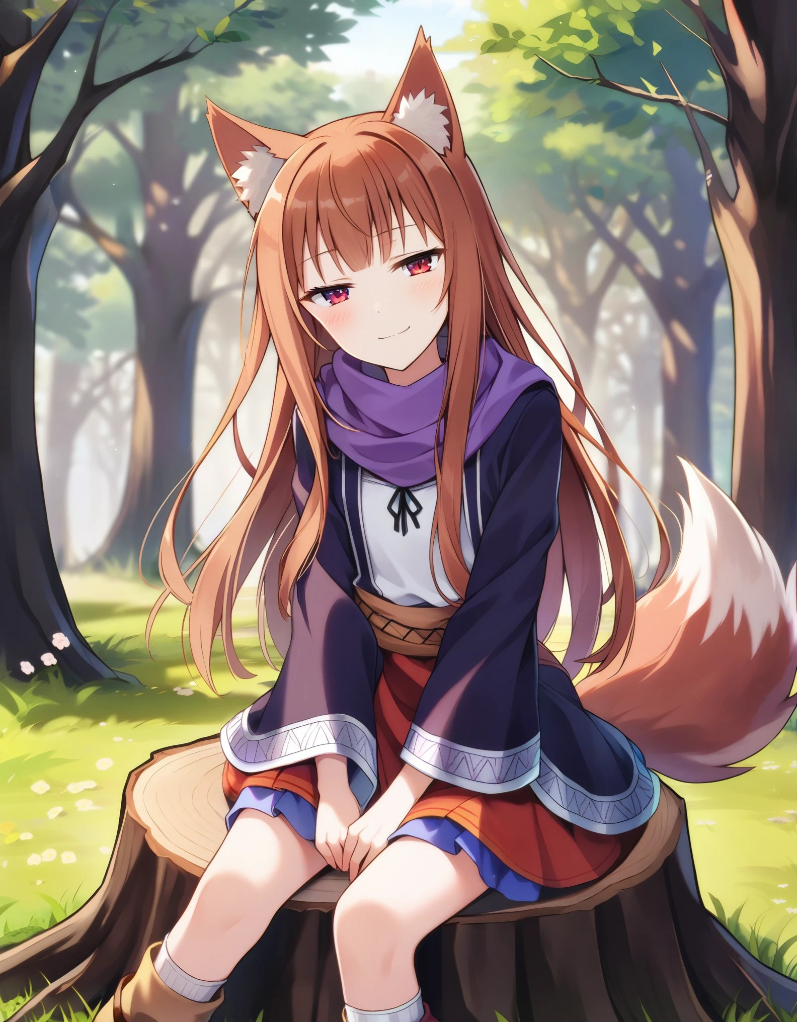 1girl, holo, animal ears, brown hair, long hair, red eyes, wolf ears, wolf girl, small breasts, wolf tail, spice and wolf, BREAK
sitting, looking at viewer, (half-closed eyes), seductive smile, BREAK
day, bare tree, outdoors, tree, tree stump, BREAK
score_9, score_8_up, score_7_up, score_6_up, 