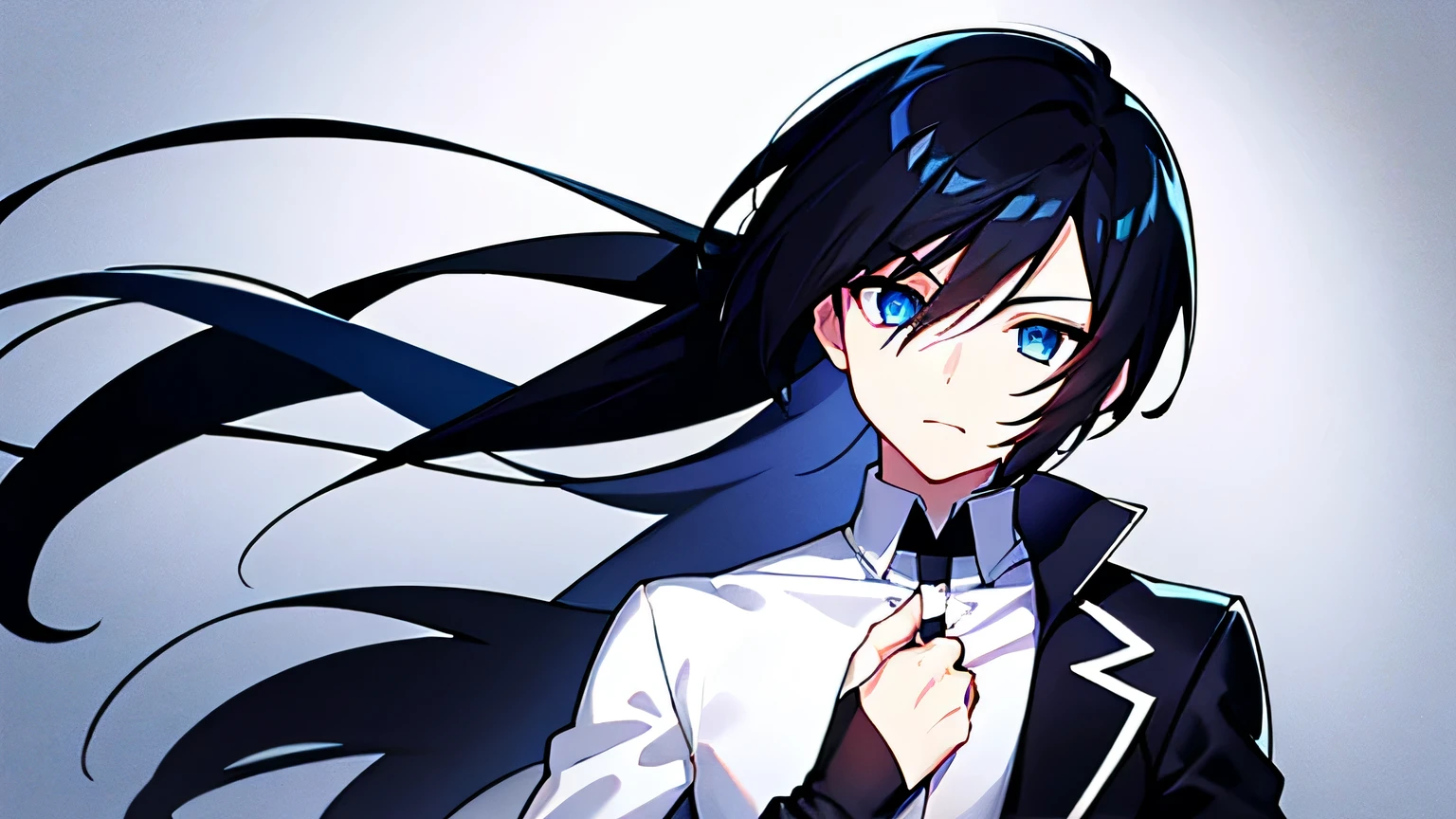 High resolution,close distance、3rd life、Anime boy with black hair and blue eyes looking at camera, slim, dressed in black clothes,shadow body,white skin,monochrome,hair is dirty,clear face、diagonal angle