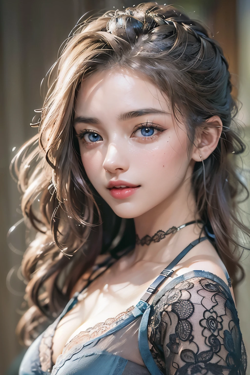 ((Medium chest, )), (smooth belly : 1.1), (perfectionなボディ : 1.1), (Very detailed CG 8k wallpaper), (Very sophisticated), (masterpiece), (Highest quality:1.0), Delicate skin, Very detailed、(photograph:1.2)、(Realistic:1.3)、(masterpiece:1.3)、(Best image quality:1.4)、超High resolution、(Detailed eyes)、(Detailed facial features)、(Detailed clothing features)、8k resolution、Focus Only、26 year old mature woman、Small face、No makeup、Beautiful eyes with attention to detail、bangs、Blonde、Long Cut Hair, Braided hair、(Realistic Skin)、Beautiful Skin、Charm、超High resolution、Ultra-realistic、High resolution、Open white shirt,middle aged、Small breasts、Bust D cup、Small breasts、Cool Beauty、Gray background、Cinema Lighting、perfection、Soft Light、High resolutionスキン:1.2、Realistic Skin texture、26 year old、Small face、No makeup、Bust D cup、Beautiful brown eyes in every detail、short hair、Dark brown hair、Cool Beauty、Gray background、Ultra-realisticな全身像、Exposed cleavage , lure