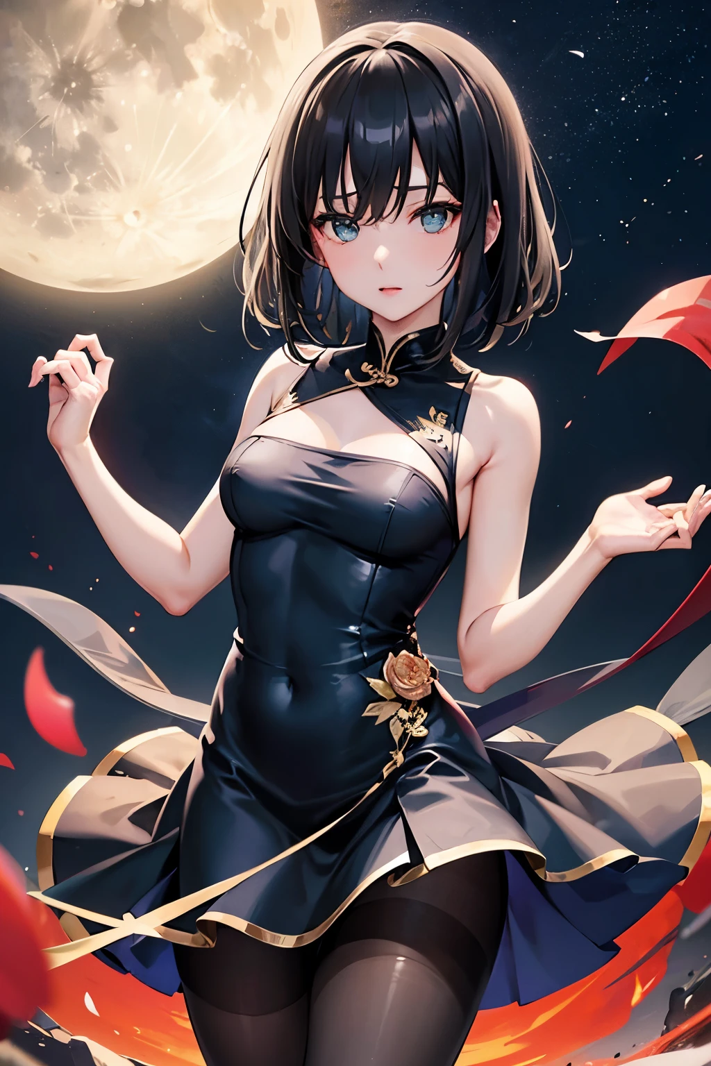 a 20 yo woman、(​masterpiece:1.4)、(top-quality:1.4)、(Real Face:1.2)、(real looking skin:1.1)、超A high resolution、A hyper-realistic、high detailing、Brown eyes、Black hair short bob、耳环、Black collared shirt、skirt by the、(huge-breasted:1.5)、Stand facing the front、a smile、On the rooftop、natta、Super giant moon、More than half of the screen is the moon、nighttime scene