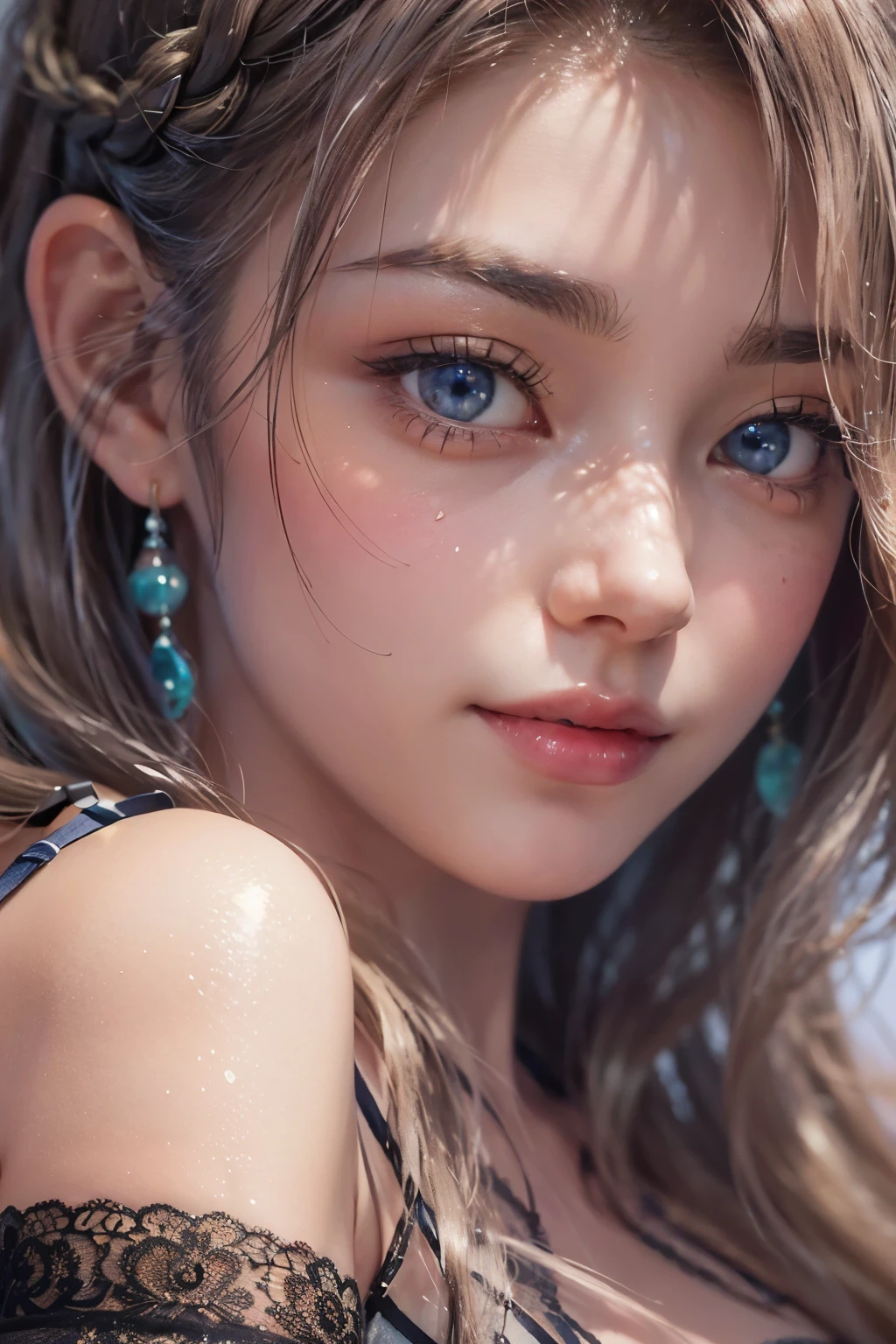 1woman, (Ultra realistic, high res), (highly detailed eyes, highly detailed hair, highly detailed face, highly detailed plump lips), (off shoulder with open breasts), breasts, upper body, caute smile, (best quality:1.4), Raw photo, (realistic, photo-realistic:1.37), professional photography, cinematic light, (fine face: 1.2),fashion model 20 years old, cute, [[[[pure eyes]]]], [[[[closeup]]]], [[[[chest]]]], [[[[neck]]]], [[[[shoulders]]]], perfect eyes, perfect iris, perfect lips, perfect teeth, perfect skin, soft front light, glow, HDR, (muted colors:1.2), Retrato da mulher、white skin、((cabelo Castanho ondas suaves)) Best Blanco Romantico、8k resolution、Frente Illuminada、アメリカの女の子のPortrait、solo、20-year-old、beautiful face、whole body、medium side cut、beautiful black hair、beautiful little face woman, solo,　black theme,　look at the audience,one woman, It&#39;s real, Wolfsan-6500-V1.3, anime、animeスタイル、beautiful diamond eyes、20 year old american girl、braided hair、swimsuit、portrait beautiful detailed woman, very detailedな青い顔, Reality, beautiful narrow blue eyes, huge file size, Super detailed, High resolution, very detailed, highest quality, masterpiece, An illustration, very detailed, ticker, Unite, 8K painting wallpaper, fine, fine details, masterpiece, highest quality, Hvery detailed ticker uniform 8K wallpaper, face light movie lighting、cuteブラウス, dark background, oil, masterpiece, diffused soft film lighting, Portrait, highest quality (perfect face:1.4),stunning girl pictures,(8K and、photorealistic:1.25) 、(lip gloss、eyelashes、shiny face、shiny skin、highest quality、超High resolution、Depth of the bounds written、chromatic aberration、caustic road lighting、natural shading、sexy 1girl, Extremely cute, Amazing face and eyes, (Beautiful lovely smile), (extremely detailed beautiful face), bright and shiny lips, (cute bikini:1.3), (very elaborate lace bra:1.5), smooth skin, super beautiful, attractive, (Best Quality:1.4), (hyper quality), (Ultra-detailed), (hyper-realistic, Photorealsitic:1.37), Authentic skin texture, complex details, extremely detailed CG unified 8k wallpaper, RAW Photos, professional photograpy, Cinematic lighting, coast, sea, palm trees,masterpiece, best quality, high quality, High definition, High quality texture, High quality shadow, high detail, beautiful detailed, finely detailed, extremely detailed cg, detailed texture, a realistic representation of the face, realistic, colorful, delicate, Cinematic Light, sidelighting, Lens Flare, Ray tracing, sharp focus, (intrica, From Side, 
