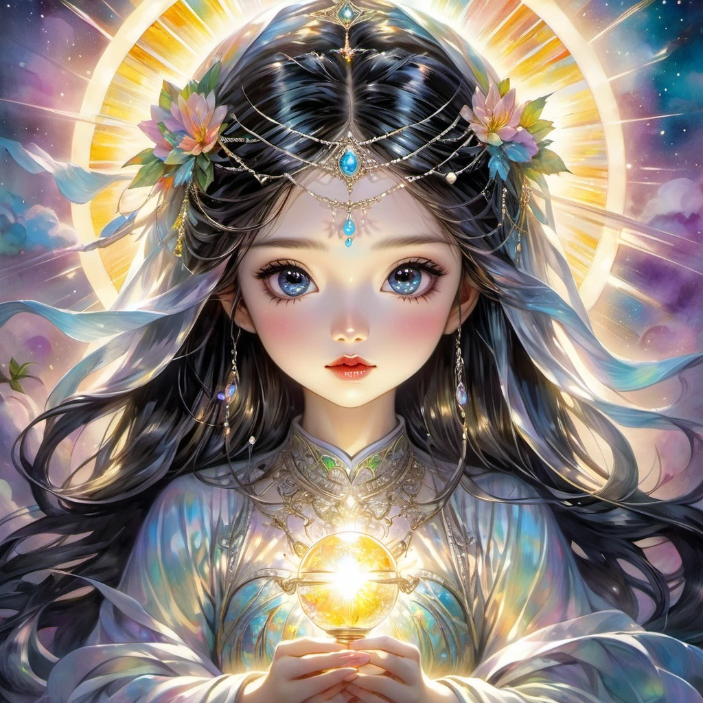 An awe-inspiring watercolor and ink masterpiece inspiring by Jasmine Becket-Griffith, featuring an enchanting, ethereal charming woman radiating celestial energy and holding a radiant light in her hands. Extraordinarily well detailed, serene and caring face. The artwork is alive with pastel hues, rainbow colors, and a double exposure effect, creating a mesmerizing interplay of light and shadow. Golden rays emanate from the central radiant light, casting a soft glow and a mysterious aura around the subject. Drawing inspiration from the styles of Yoji Shinkawa and Greg Rutkowski, this piece showcases delicate brushstrokes, vivid light effects, and an intricate interplay of dark fantasy elements. The HDR 8K, SSAO, and high-definition rendering enhance the vibrant colors and intricate details, making this illustration truly out of this world, fashionable, and immersive.