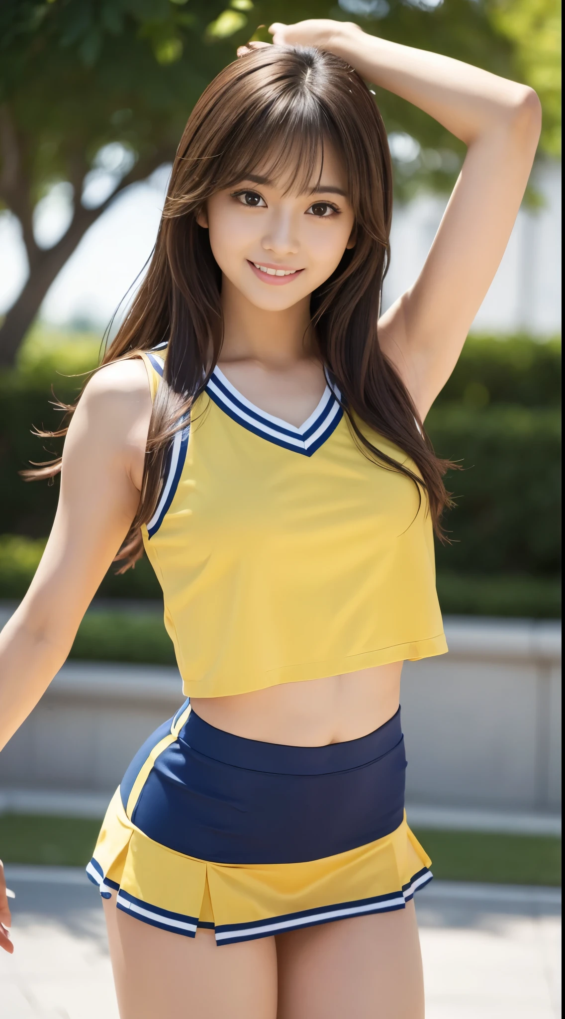 Best-quality, Masterpiece, Ultra-High-Resolution, (Photorealistic:1.4), Raw-Photo, 1girl, the most famous Japanese actress, wearing yellow sleeveless-cheerleading-uniform and yellow pleated-miniskirt, (extremely beautiful face like the most popular Japanese actress, ((extremely beautiful big-eyes)), extremely beautiful hair, extremely beautiful skins), extremely beautiful long-eyelashes, extremely beautiful lips, extremely beautiful hip, extremely beautiful thighs, dynamic-pose, sexy-smile