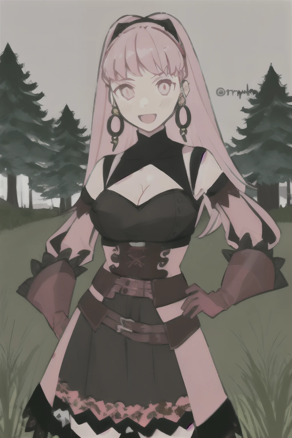 hilda valentine goneril, fire emblem, 1girl, axe, belt, black dress, black hairband, breasts, cleavage, corset, detached sleeves, dress, earrings, gloves, grey background, hairband, hand on hip, holding, holding axe, holding weapon, hoop earrings, jewelry, long hair, looking at viewer, medium breasts, open mouth, pink dress, pink eyes, pink hair, pink sleeves, red belt, red gloves, simple background, smile, solo,  username, two-tone dress, weapon, outdoors, grass, trees, river,

((masterpiece))

