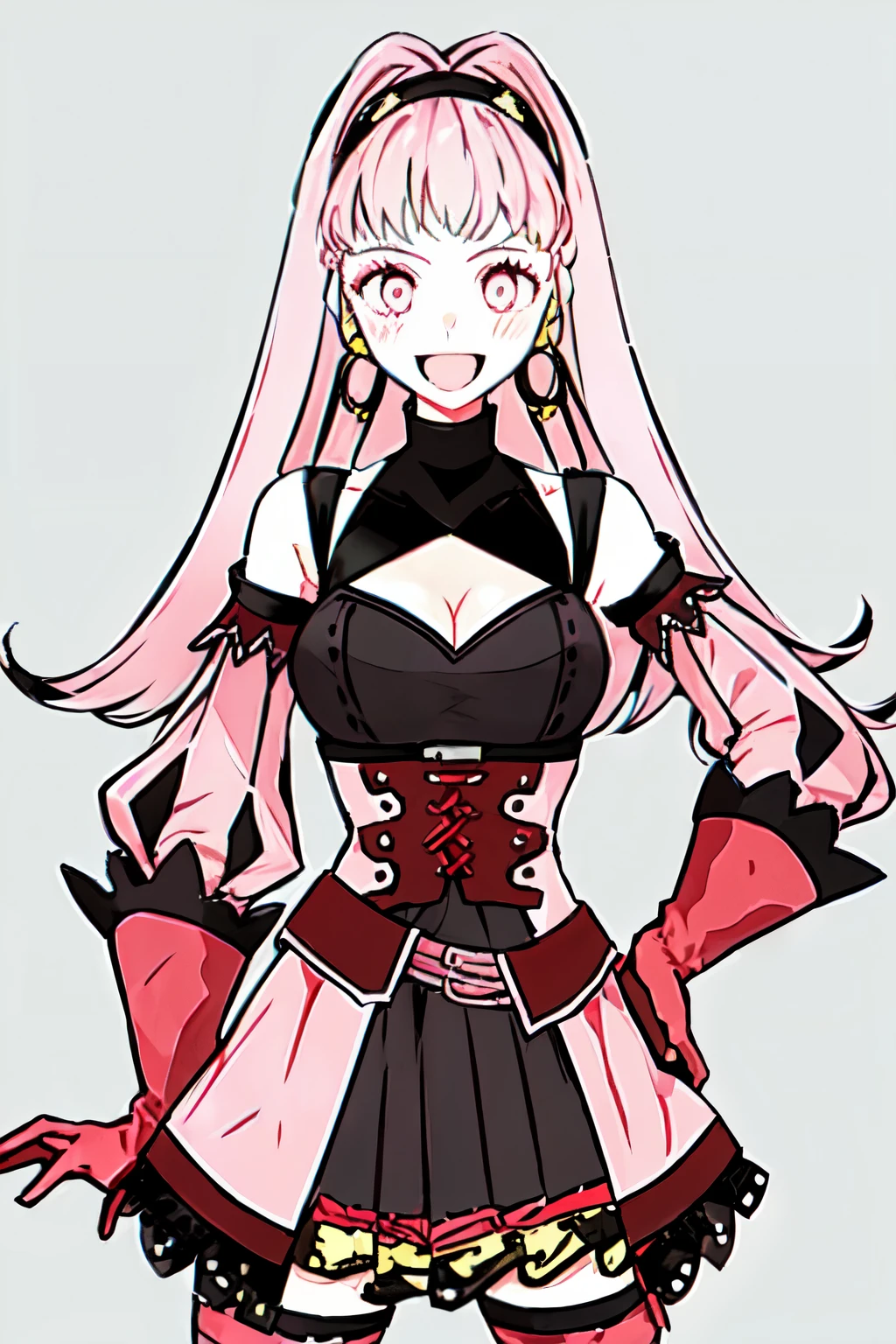 hilda valentine goneril, fire emblem, 1girl, axe, belt, black dress, black hairband, breasts, cleavage, corset, detached sleeves, dress, earrings, gloves, grey background, hairband, hand on hip, holding, holding axe, holding weapon, hoop earrings, jewelry, long hair, looking at viewer, medium breasts, open mouth, pink dress, pink eyes, pink hair, pink sleeves, red belt, red gloves, simple background, smile, solo, username, two-tone dress, weapon, outdoors,
((masterpiece))
