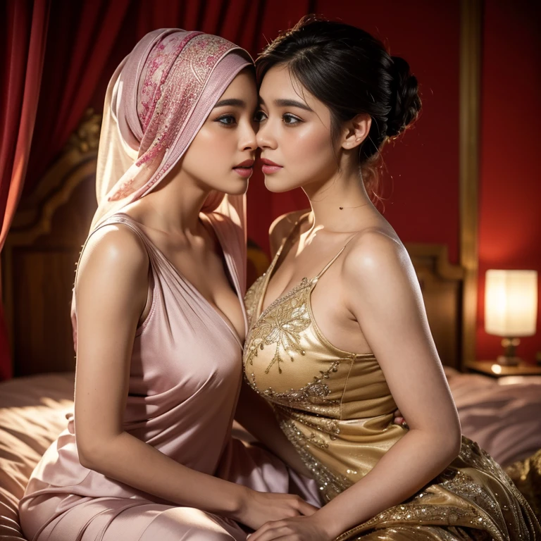 half body, beautiful muslimah girls, wearing traditional transparent silk kebaya, a couple, ultra-detailed, detailed faces, detailed skins, 8k masterpieces, cinematic lighting, perfect round bosom, voluptuous bosom, slim and slender body, long hijab, in malay village, in the bedroom, lying on the bed, seductive face, flirting, intimacy, looking at each other, hands on tits, fondling and kissing intimately