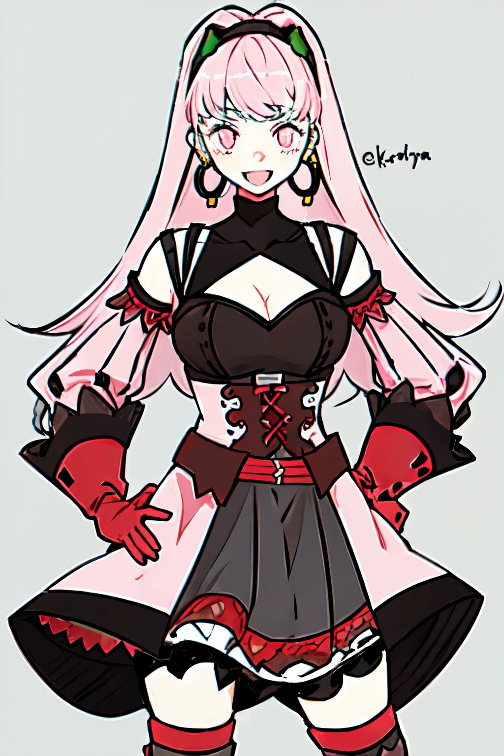 hilda valentine goneril, fire emblem, 1girl, axe, belt, black dress, black hairband, breasts, cleavage, corset, detached sleeves, dress, earrings, gloves, grey background, hairband, hand on hip, holding, holding axe, holding weapon, hoop earrings, jewelry, long hair, looking at viewer, medium breasts, open mouth, pink dress, pink eyes, pink hair, pink sleeves, red belt, red gloves, simple background, smile, solo, username, two-tone dress, weapon, giant axe,
((masterpiece))