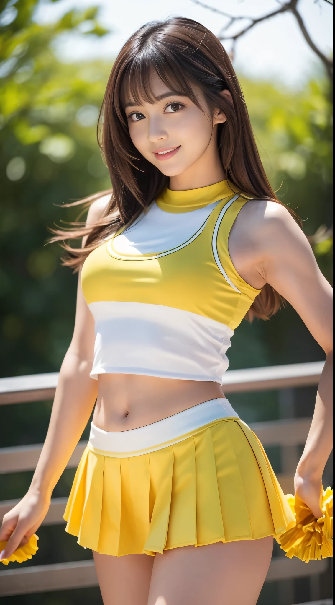 Best-quality, Masterpiece, Ultra-High-Resolution, (Photorealistic:1.4), Raw-Photo, 1girl, the most famous Japanese actress, wearing yellow sleeveless-cheerleading-uniform and yellow pleated-miniskirt, (extremely beautiful face like the most popular Japanese actress, ((extremely beautiful big-eyes)), extremely beautiful hair, extremely beautiful skins), extremely beautiful long-eyelashes, extremely beautiful lips, extremely beautiful and extremely short body,  extremely beautiful hip, extremely beautiful thighs, dynamic-pose, sexy-smile