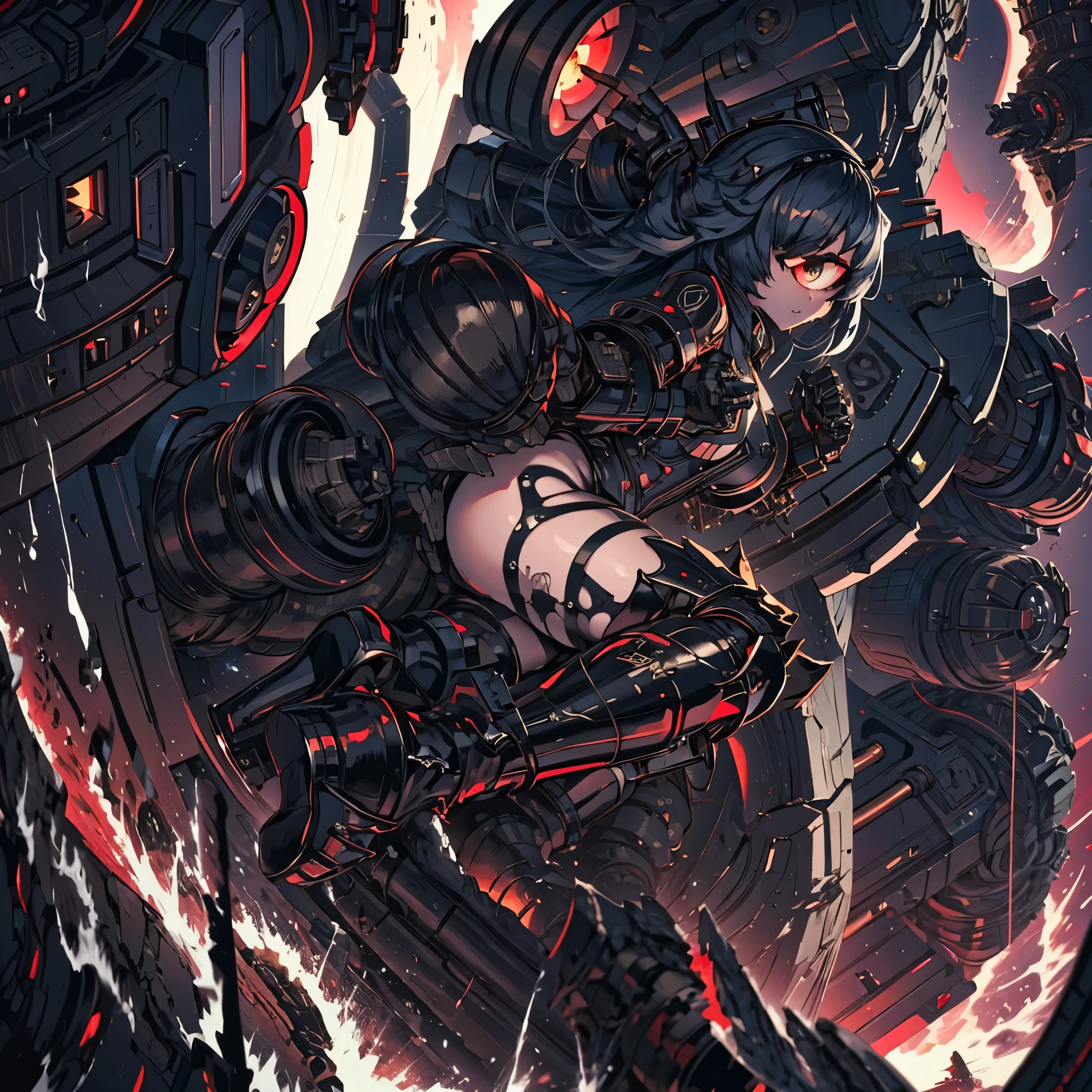 A girl crawling on top of a battleship. Cyclops girl. A turret baring her fangs. latex body suit. abyssal fleet. Tentacles wrapped around the ship.