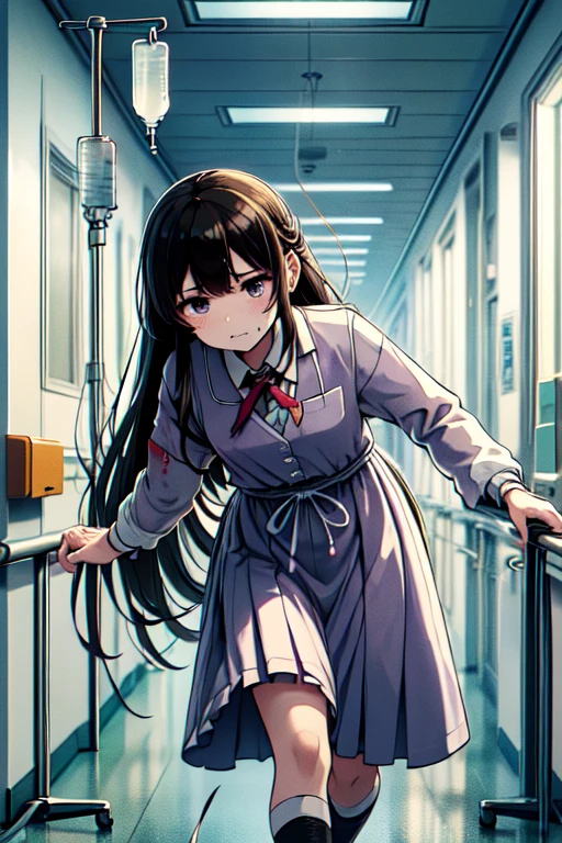 masterpiece,highest quality,very detailed,1 girl,alone,clenched teeth,struggle,wince,Sweat,Sweatdrop,pain,
Inoue check,purple eyes,black hair,long hair,uniform liquor,green ribbon,long sleeve,two tone dress,pleated dress,collared shirt,knee high,bondage,
BREAK
holding drip,leaning forward to drip,drip,Hospital Gowns,Are standing,walk,leaning forward,hospital hallway,(((Bloodstained, blood on the gown))),Facial bandages,