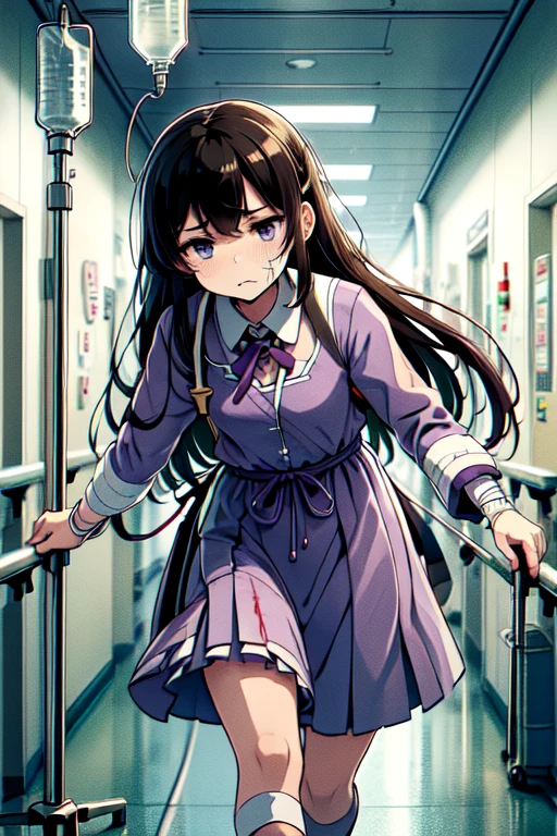 masterpiece,highest quality,very detailed,1 girl,alone,clenched teeth,struggle,wince,Sweat,Sweatdrop,pain,
Inoue check,purple eyes,black hair,long hair,uniform liquor,green ribbon,long sleeve,two tone dress,pleated dress,collared shirt,knee high,bondage,
BREAK
holding drip,leaning forward to drip,drip,Hospital Gowns,Are standing,walk,leaning forward,hospital hallway,(((Bloodstained, blood on the gown))),Facial bandages,