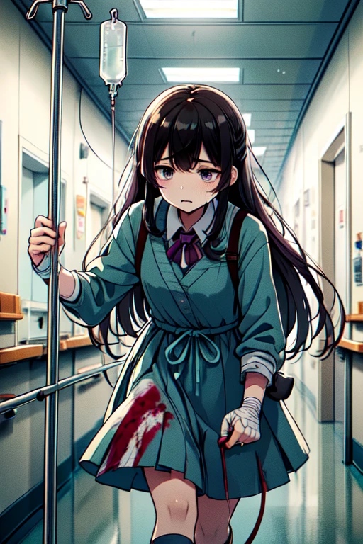 masterpiece,highest quality,very detailed,1 girl,alone,clenched teeth,struggle,wince,Sweat,Sweatdrop,pain,
Inoue check,purple eyes,black hair,long hair,uniform liquor,green ribbon,long sleeve,two tone dress,pleated dress,collared shirt,knee high,bondage,
BREAK
holding drip,leaning forward to drip,drip,Hospital Gowns,Are standing,walk,leaning forward,hospital hallway,(((Bloodstained, blood on the gown))),Facial bandages,