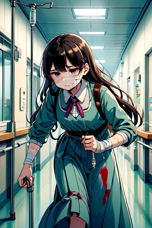 masterpiece,highest quality,very detailed,1 girl,alone,clenched teeth,struggle,wince,Sweat,Sweatdrop,pain,
Inoue check,purple eyes,black hair,long hair,uniform liquor,green ribbon,long sleeve,two tone dress,pleated dress,collared shirt,knee high,bondage,
BREAK
holding drip,leaning forward to drip,drip,Hospital Gowns,Are standing,walk,leaning forward,hospital hallway,(((Bloodstained, blood on the gown))),Facial bandages,