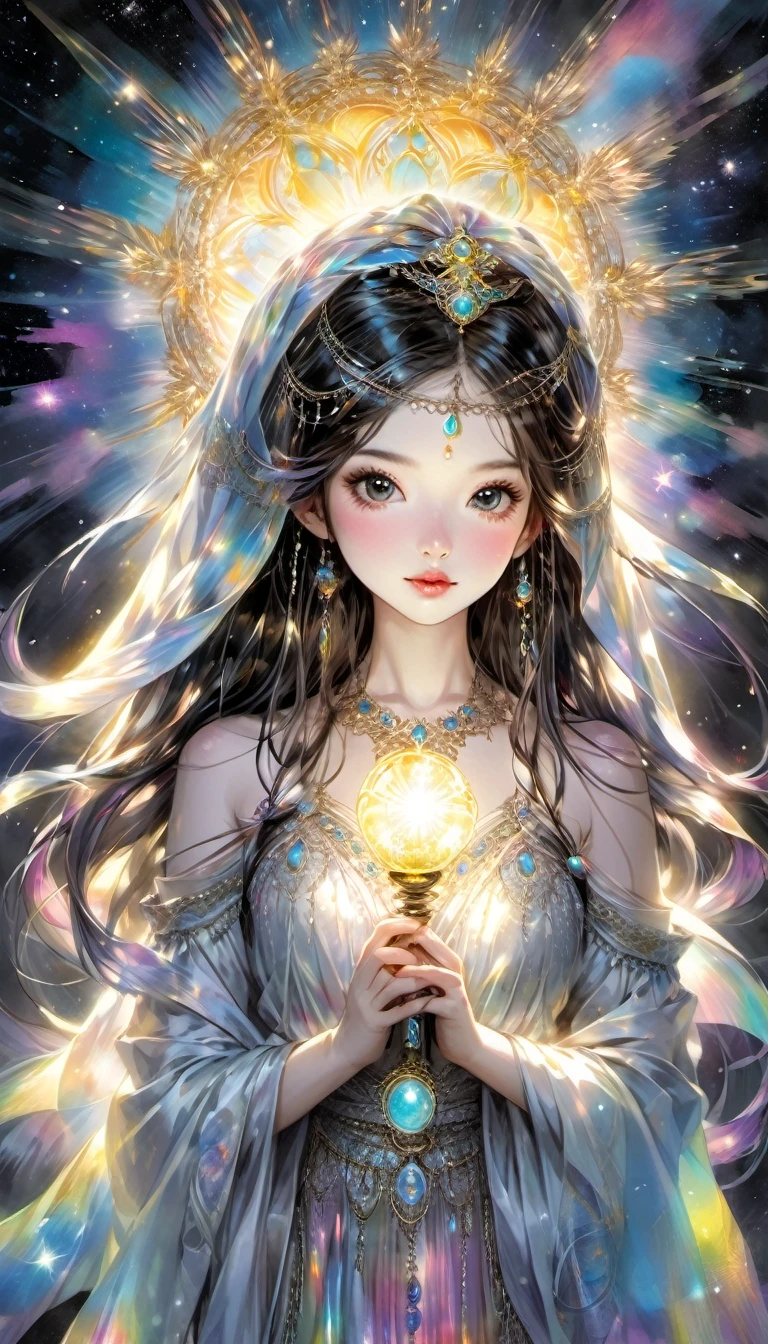 An awe-inspiring watercolor and ink masterpiece inspiring by Jasmine Becket-Griffith, featuring an enchanting, ethereal charming woman radiating celestial energy and holding a radiant light in her hands. Extraordinarily well detailed, serene and caring face. The artwork is alive with pastel hues, rainbow colors, and a double exposure effect, creating a mesmerizing interplay of light and shadow. Golden rays emanate from the central radiant light, casting a soft glow and a mysterious aura around the subject. Drawing inspiration from the styles of Yoji Shinkawa and Greg Rutkowski, this piece showcases delicate brushstrokes, vivid light effects, and an intricate interplay of dark fantasy elements. The HDR 8K, SSAO, and high-definition rendering enhance the vibrant colors and intricate details, making this illustration truly out of this world, fashionable, and immersive.