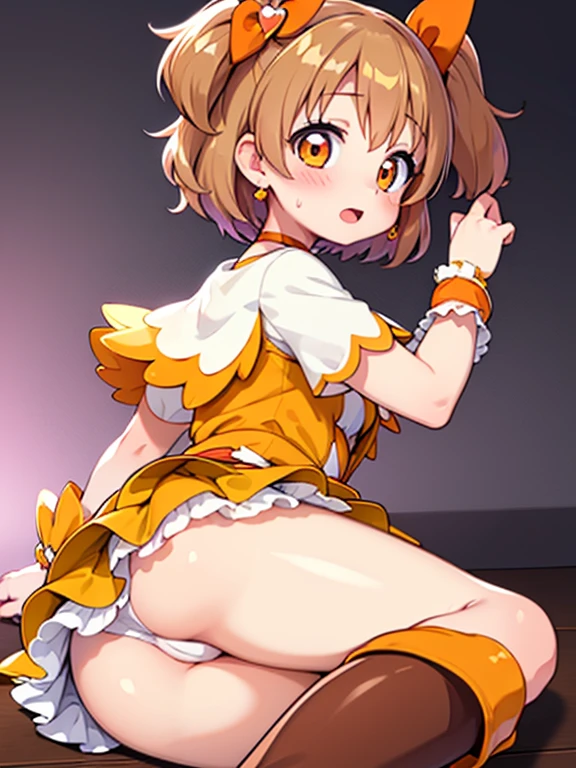 (masterpiece:1.2) , (best quality:1.2) , (ultra-detailed:1.2), 2.5D,extremely detailed,(illustration), ((an extremely delicate and beautiful)),super detailed skin,perfect anatomy,girl,sweat, blush, narrow
eyes, open mouth,white panties,ass
focus,precure, one side up, short hair, hair ribbon, frills, short sleeves, wrist cuffs, orange choker, orange boots, yellow skirt,