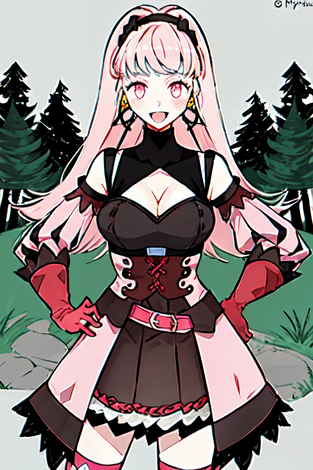 hilda valentine goneril, fire emblem, 1girl, axe, belt, black dress, black hairband, breasts, cleavage, corset, detached sleeves, dress, earrings, gloves, grey background, hairband, hand on hip, holding, holding axe, holding weapon, hoop earrings, jewelry, long hair, looking at viewer, medium breasts, open mouth, pink dress, pink eyes, pink hair, pink sleeves, red belt, red gloves, simple background, smile, solo,  username, two-tone dress, weapon, outdoors, grass, trees, river,

((masterpiece))

