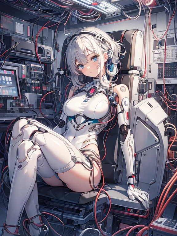 NSFW, (((masterpiece)))、(((highest quality)))、((Super fine))、(Detailed CG illustration)、((very delicate and beautiful))、(Delicate and cute face)、cinematic light、((1 Mechanical Girl))、solo、Full body Esbian、(highest qualityのイラスト:1.2), (pretty girl:1.1), (1 girl, solo:1.5), (1 girl、18-year-old、beautiful breasts:1.5、highly detailed eyes:1.2)、(beautiful breasts:1.1)、Cyborg Machine Main Body、positive、white cyber suit、perfect fit、black haired、brown hair、silver hair、blonde、blue hair、blue eyes、brown eyes、red eye mechanical joint:1.4)、((mechanical limbs))、(blood vessels connected to tubeechanical spine attached to back))、((mechanical cervical vertebrae)attached to the neck))、((Sitting on a chair on a machine))、No expression、(Wires and cables attached to head and body:1.5)、(character focus)、nffsw、Under maintenance、Touching the whole body with a mechanical arm