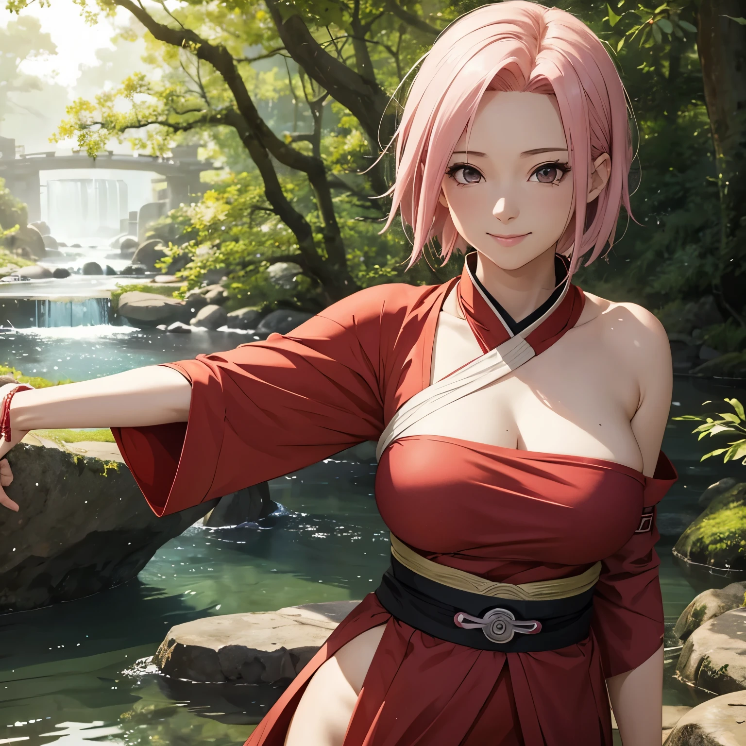 Sitting on a bridge full of river lanterns, feet playing in the water, the art depicts a charming woman dressed in a sakura flowing, silky traditional oriental dress, pink, decorated with intricate patterns and bright colors. Her dress drapes elegantly over her curvy figure, accentuating her seductive silhouette. She sits gracefully by the tranquil lotus lake, her feet playing in the water, bathed in the soft glow of the moonlight. The scene exudes an ethereal and dreamy atmosphere, with a touch of mystery and sexiness. The graphic style blends watercolor and digital illustration techniques to evoke a refined beauty and charm. The lights are filled with soft moonlight, casting soft highlights and shadows on her charming features. Bare thighs, big breasts, three-dimensional facial features, sitting, upturned legs, side braids , beautiful girl long pink hair and green eyes looks like sakura haruno from naruto