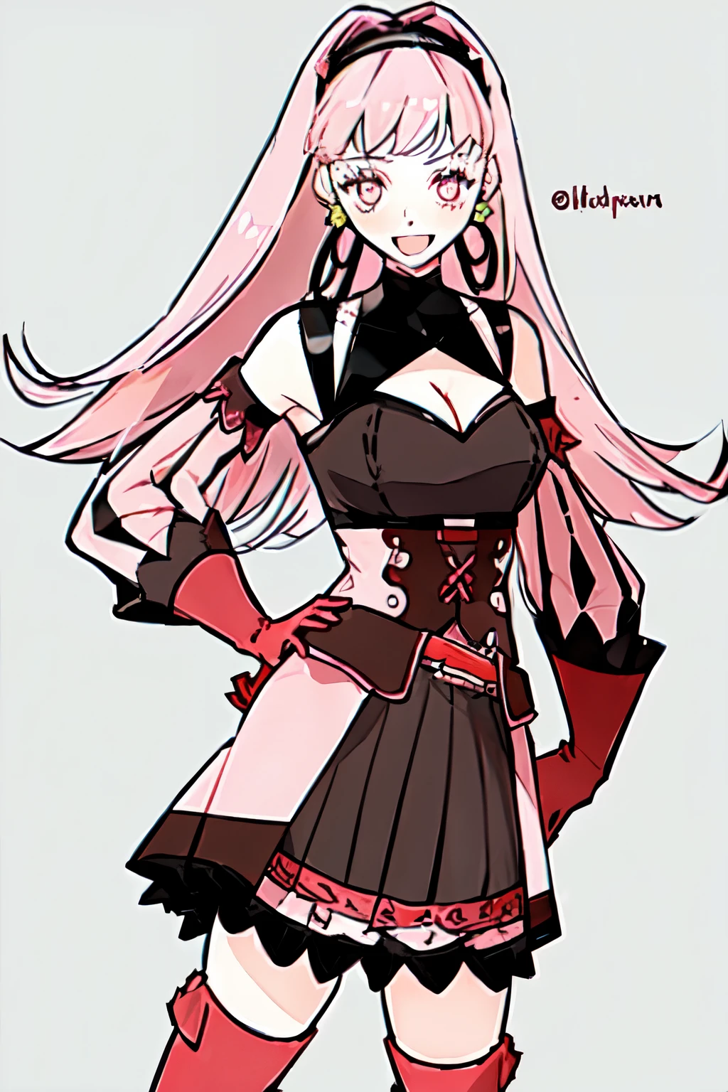 hilda valentine goneril, fire emblem, 1girl, axe, belt, black dress, black hairband, breasts, cleavage, corset, detached sleeves, dress, earrings, gloves, grey background, hairband, hand on hip, holding, holding axe, holding weapon, hoop earrings, jewelry, long hair, looking at viewer, medium breasts, open mouth, pink dress, pink eyes, pink hair, pink sleeves, red belt, red gloves, simple background, smile, solo, username, two-tone dress, weapon,
((masterpiece))