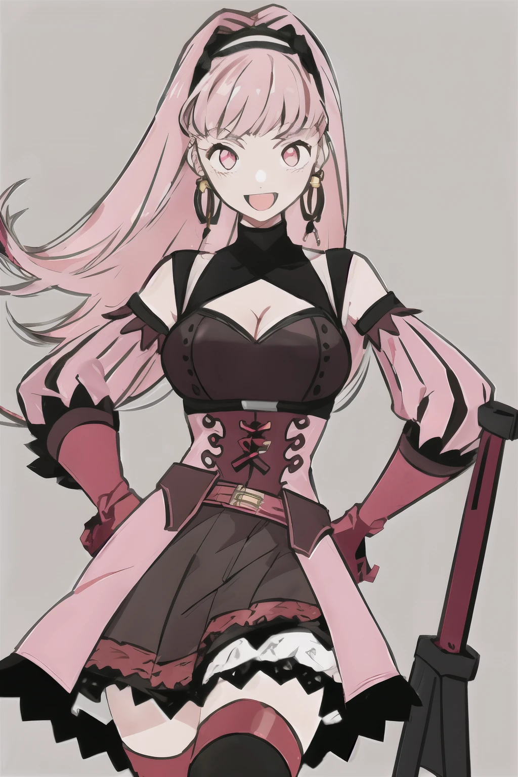 hilda valentine goneril, fire emblem, 1girl, axe, belt, black dress, black hairband, breasts, cleavage, corset, detached sleeves, dress, earrings, gloves, grey background, hairband, hand on hip, holding, holding axe, holding weapon, hoop earrings, jewelry, long hair, looking at viewer, medium breasts, open mouth, pink dress, pink eyes, pink hair, pink sleeves, red belt, red gloves, simple background, smile, solo, username, two-tone dress, weapon,
((masterpiece))