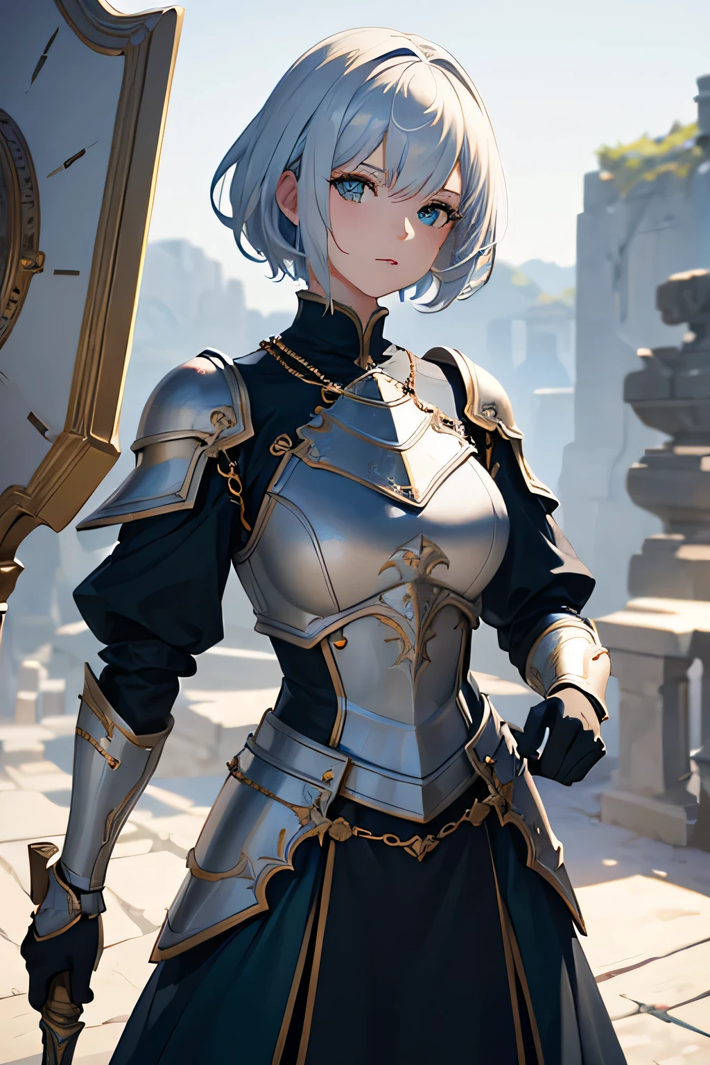best quality, masterpiece, highres, 1girl, short white hair, Beautiful face, green eyes, upon_body, white tabard with blue trim, over silver chain mail armor, wielding a mace and shield, rim lighting, two tone lighting,(high detailed skin:1.2), 8k uhd, dslr, soft lighting, high quality, volumetric lighting, candid, high resolution, 4k, 8k, Bokeh