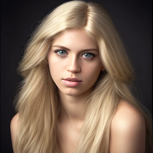 photo of an attractive blonde woman with long hair, looking at the camera, portrait photography, in the style of studio lighting, shot on Hasselblad 500 C/M --ar 73:128 --stylize 750