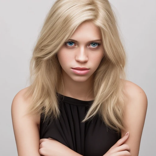 photo of an attractive blonde woman with long hair, looking at the camera, portrait photography, in the style of studio lighting, shot on Hasselblad 500 C/M --ar 73:128 --stylize 750