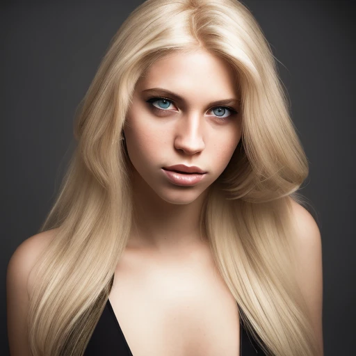 photo of an attractive blonde woman with long hair, looking at the camera, portrait photography, in the style of studio lighting, shot on Hasselblad 500 C/M --ar 73:128 --stylize 750