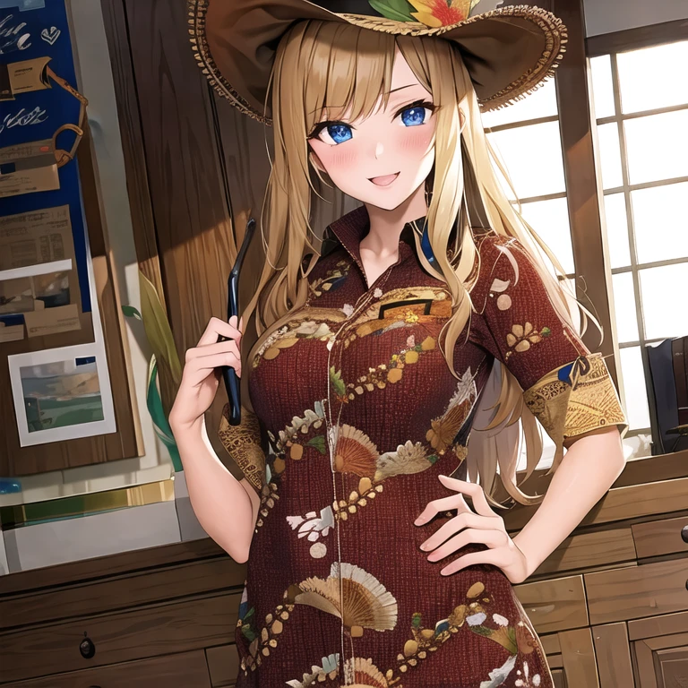 (masterpiece, best quality:1.2), cowboy shot, 1girl, solo, batik, shirt,