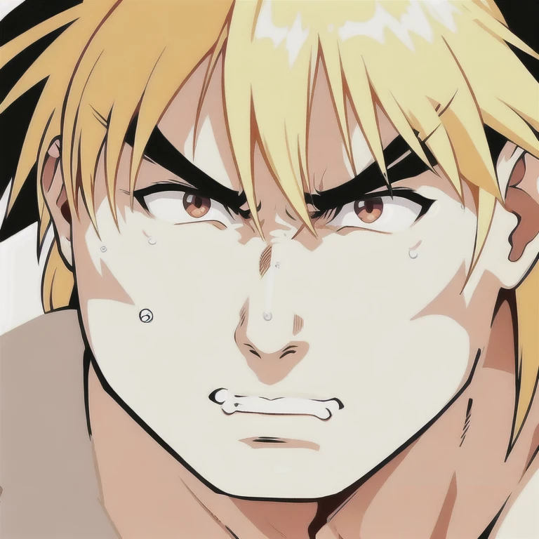 (masterpiece, best quality:1.2), 1boy, solo,
Imagine the face of Ken, the brave Street Fighter fighter, with all his character and determination. His features are strong and defined, with arched eyebrows that denote his intensity in combat. His eyes are bright and focused, fixed on his opponent with determination. The expression on his mouth shows unwavering determination, with his lips slightly parted as if he were about to launch a powerful attack. Ken's blonde hair falls in messy strands around his face, showing the energy and action of combat. Small beads of pearly sweat can be seen on his forehead, indicating the intensity of the confrontation. In the background, flashes of light and shadow can be seen, emphasizing the atmosphere of tension and emotion of the fight."