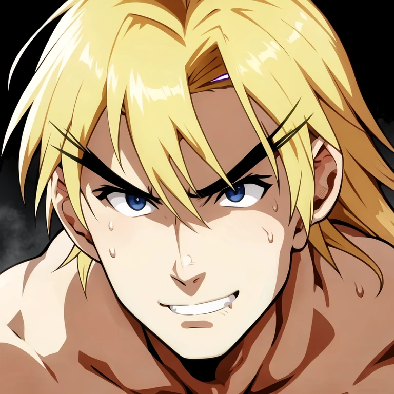(masterpiece, best quality:1.2), 1boy, solo,
Imagine the face of Ken, the brave Street Fighter fighter, with all his character and determination. His features are strong and defined, with arched eyebrows that denote his intensity in combat. His eyes are bright and focused, fixed on his opponent with determination. The expression on his mouth shows unwavering determination, with his lips slightly parted as if he were about to launch a powerful attack. Ken's blonde hair falls in messy strands around his face, showing the energy and action of combat. Small beads of pearly sweat can be seen on his forehead, indicating the intensity of the confrontation. In the background, flashes of light and shadow can be seen, emphasizing the atmosphere of tension and emotion of the fight."