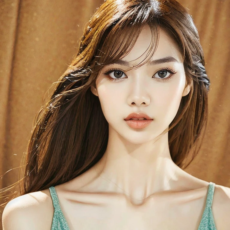 (masterpiece, best quality:1.2), 1girl, solo, 4k, high resolution, focused, defined face, dynamic pose, ((Best quality, 8k, Masterpiece :1.3)), 1girl, beautiful woman with emphasis on a sensual natural look: 1.4, (flawless makeup: 1.2), highly
detailed 3D rendering, realistic features, mesmerizing eyes, ((perfectly sculpted lips)), showcasing the upper body, (delicate collarbones), (seductive gaze), (natural pose), exuding elegance and allure