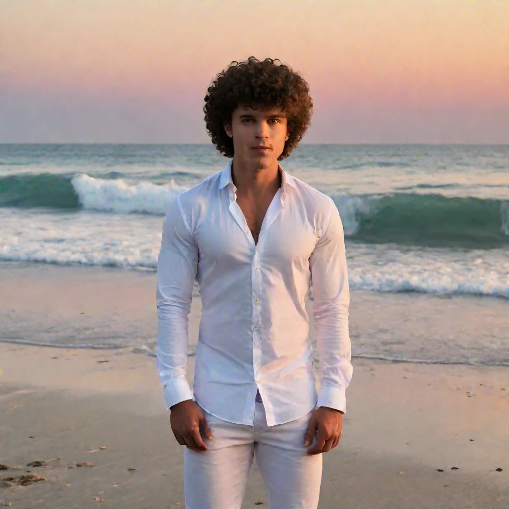 (masterpiece, best quality:1.2), ohwxman, curly hair, full body portrait, wearing a white shirt, standing up, a beautiful sunset beach setting, hyperdetailed photography