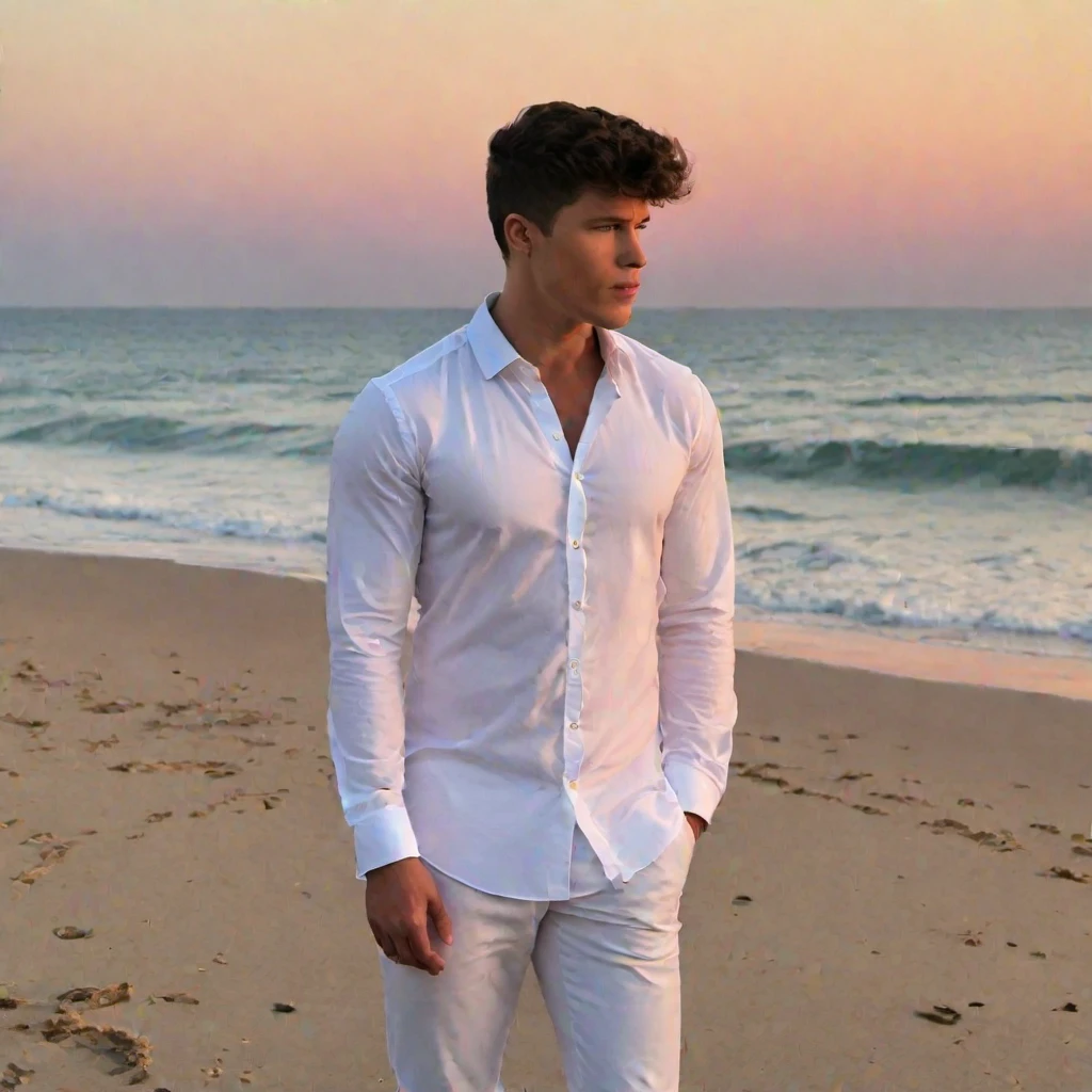 (masterpiece, best quality:1.2), ohwxman, ohwxfacedetail, full portrait, wearing a white shirt, standing up, a beautiful sunset beach setting, hyperdetailed photography