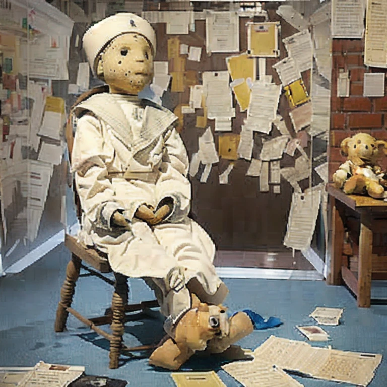 (masterpiece, best quality:1.2),a doll is sitting in a chair with a teddy bear, a statue, by Albert Swinden, female sailor uniforms, sitting in a prison, very detailed », medium, mummified in bandages, 🌻🎹🎼, english, world war one robot, sydney hanson, puppet on a string, senary, doctor, deserted