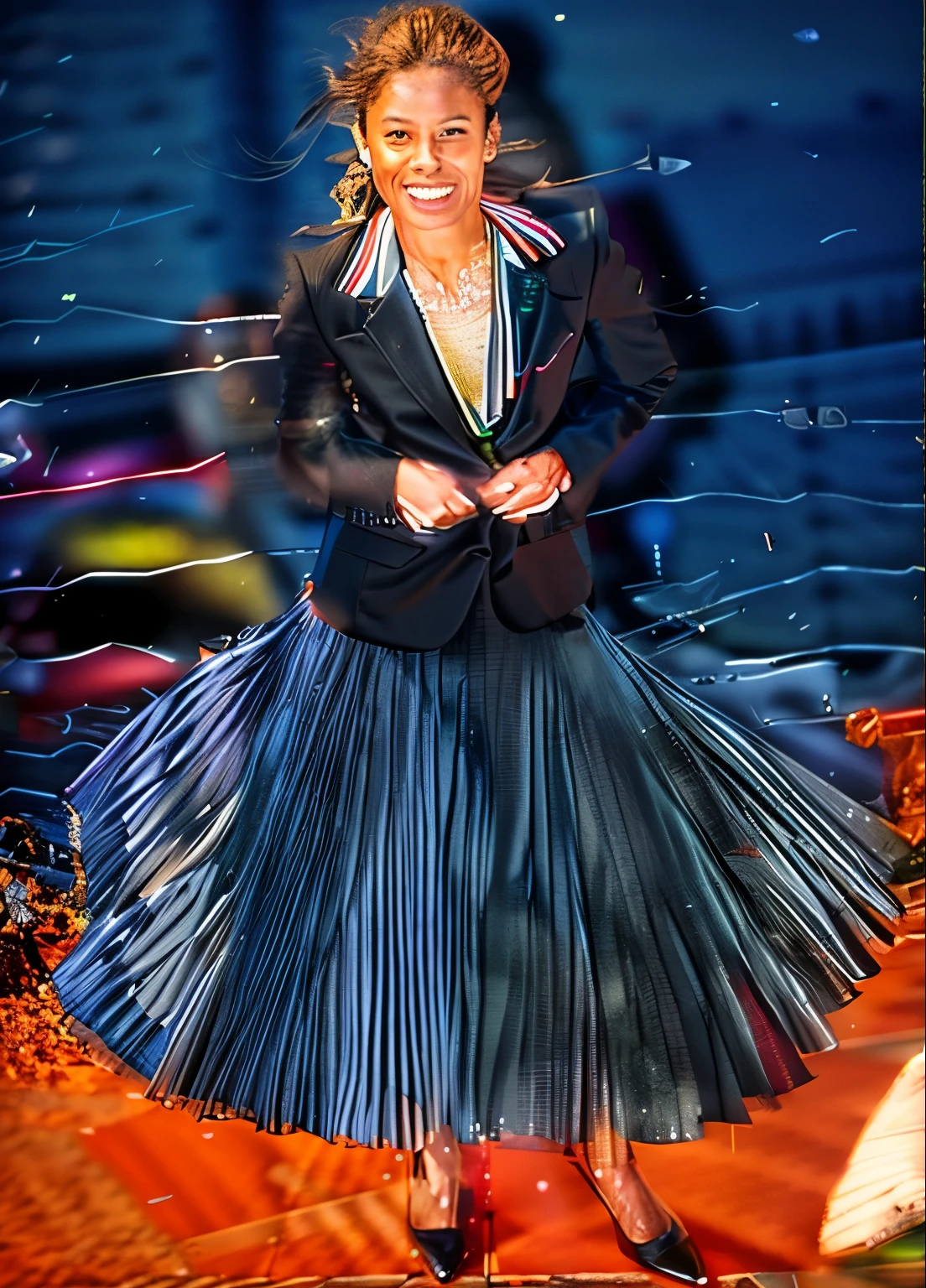 (authentic:1,1) (shy:0,9) (smiling:0,4) women wearing (long (pleated) full circle skirte) and (low heeled office shoes), very intricate hyper-detailed symmetric (attractive graceful feminine faces) with (sad, tired eyes and shy smiles), large breasts, full of empathy and compassion and love, (pronounced (feminine) features), (highly detailed ultra accurate realistic) hands and fingers, (windy conditions and wind blowing), epic composition, highly detailed attributes, highly detailed space station background, extremely high quality RAW photograph,, sci-fi , high-angle shot, cinematic shot, dynamic lighting, 75mm, Technicolor, Panavision, cinemascope, sharp focus, fine details, 8k, HDR, realism, realistic, key visual, film still, superb cinematic color grading, depth of field