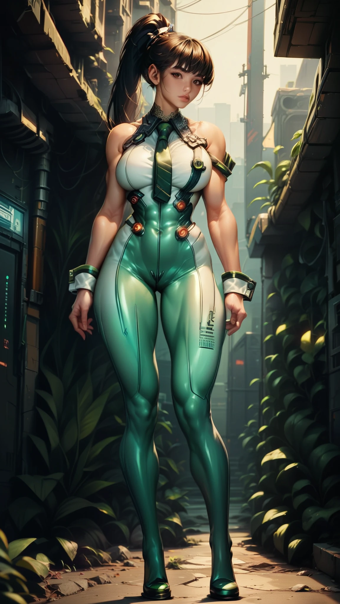 eve (stellar_blade), solo, bodysuit, necktie, abandoned cyberpunk city overgrown with plants, standing, looking at viewer, shiny clothes, skin tight, full body, bare shoulders, lips, green necktie, large breasts, muscular body, wrist cuffs, shiny, sleeveless, high heels, BREAK , zPDXL, score_9, score_8_up, score_7_up, score_6_up, score_5_up, score_4_up