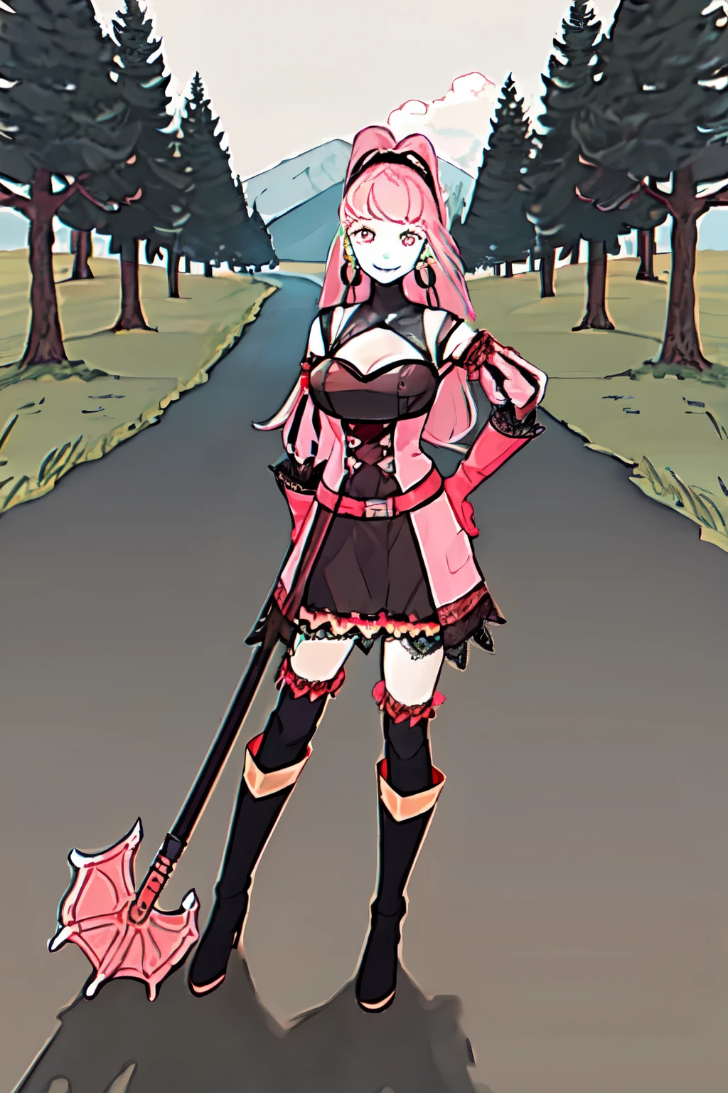 hilda valentine goneril, fire emblem, 1girl, axe, belt, black dress, black hairband, breasts, cleavage, corset, detached sleeves, dress, earrings, gloves, grey background, hairband, hand on hip, holding, holding axe, holding weapon, hoop earrings, jewelry, long hair, looking at viewer, medium breasts, open mouth, pink dress, pink eyes, pink hair, pink sleeves, red belt, red gloves, simple background, smile, solo,  username, two-tone dress, weapon, outdoors, grass, trees, river,

((masterpiece))

